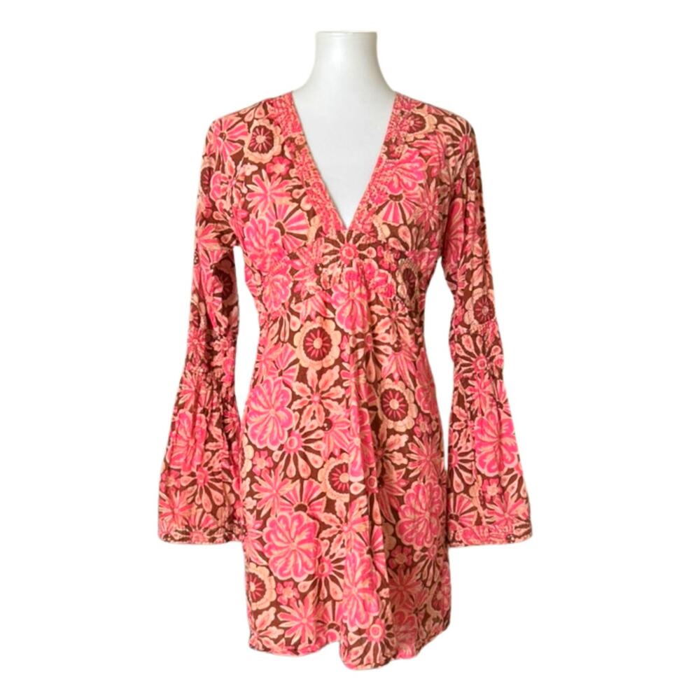 Rare Y2K Johnny Was Boho Tunic – Pink Floral, Bell Sleeves, Size 2 (S)